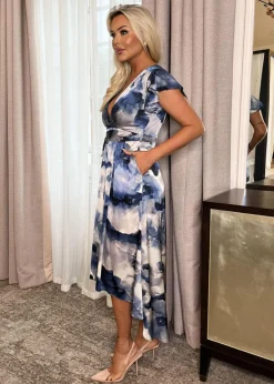 AX Paris Blue Marble Print Short Sleeve Belted Wrap Midi Dress