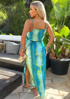 AX Paris Blue Smudge Stripe Print Tie Waist Strappy Midi Dress