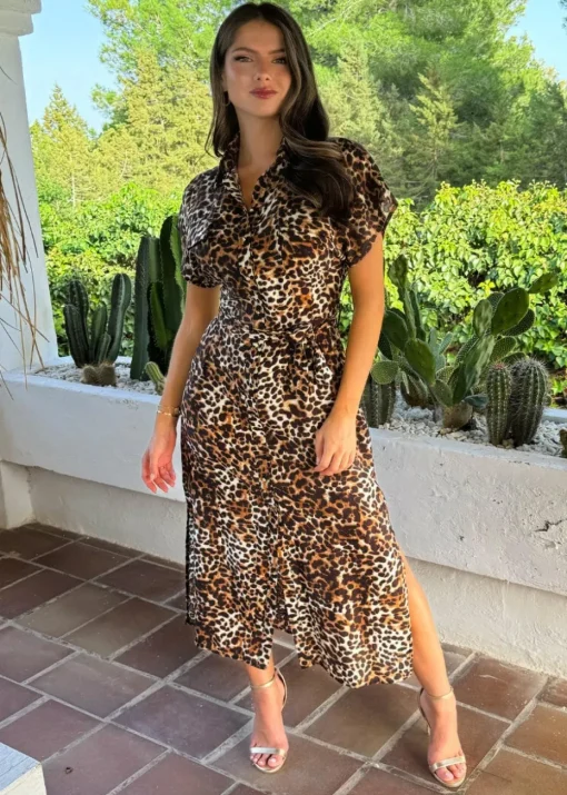 AX Paris Brown Cheetah Print Short Sleeve Midi Shirt Dress