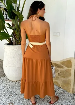AX Paris Brown Halterneck Straw Belt Tiered Midi Dress