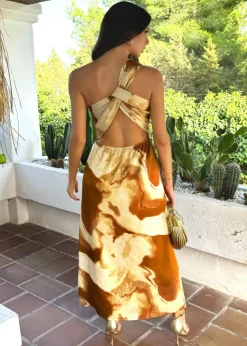 AX Paris Brown Marble Print One Shoulder Open Back Twist Detail Midi Dress