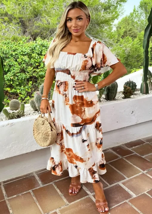 AX Paris Brown Smudge Print Shirred Waist Smock Midi Dress
