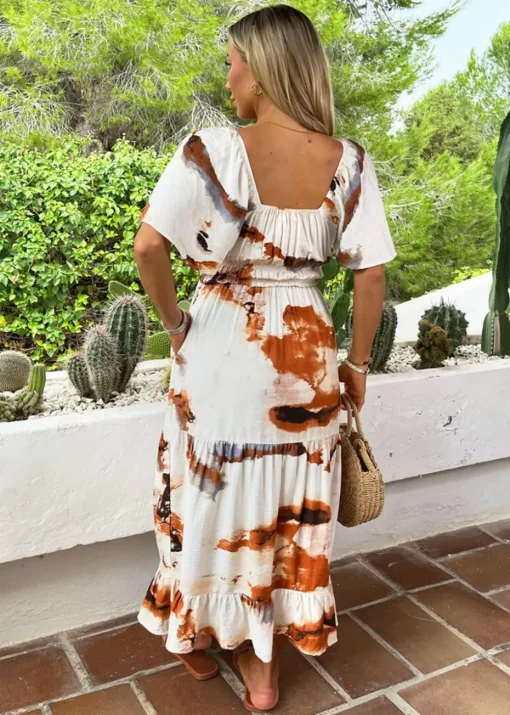 AX Paris Brown Smudge Print Shirred Waist Smock Midi Dress