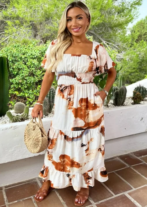 AX Paris Brown Smudge Print Shirred Waist Smock Midi Dress