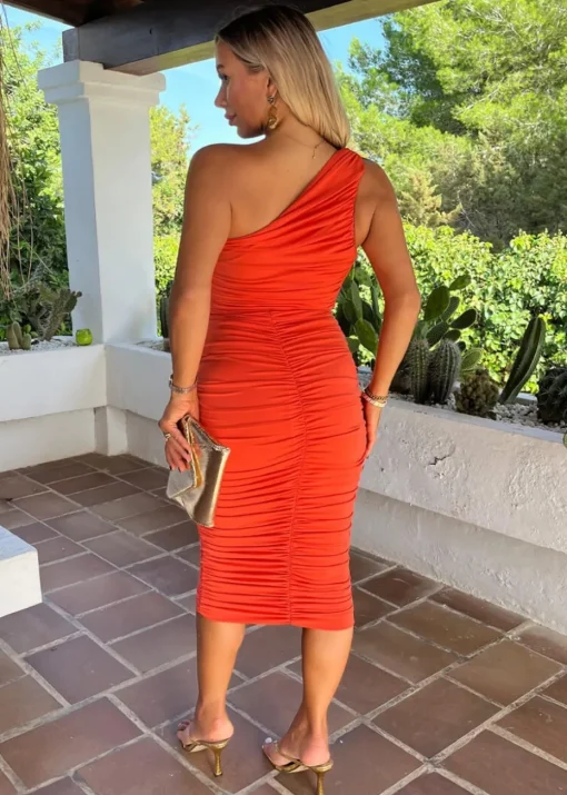 AX Paris Burnt Orange One Shoulder Ring Detail Ruched Bodycon Midi Dress