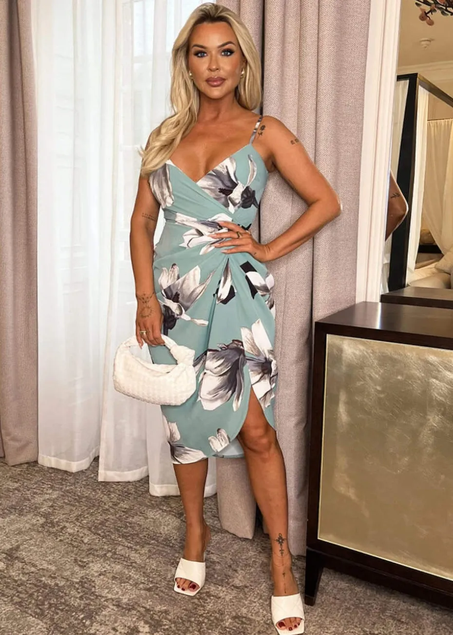 AX Paris Duck Egg Floral Print Strappy Wrap Top Gathered Skirt Midi Dress