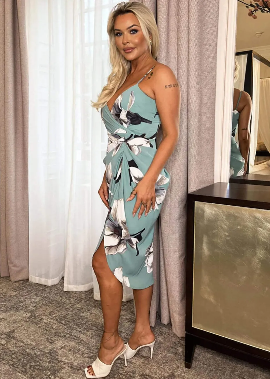 AX Paris Duck Egg Floral Print Strappy Wrap Top Gathered Skirt Midi Dress