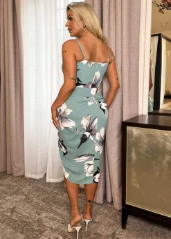 AX Paris Duck Egg Floral Print Strappy Wrap Top Gathered Skirt Midi Dress