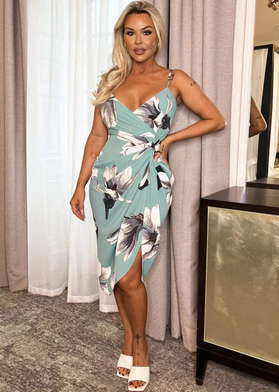 AX Paris Duck Egg Floral Print Strappy Wrap Top Gathered Skirt Midi Dress