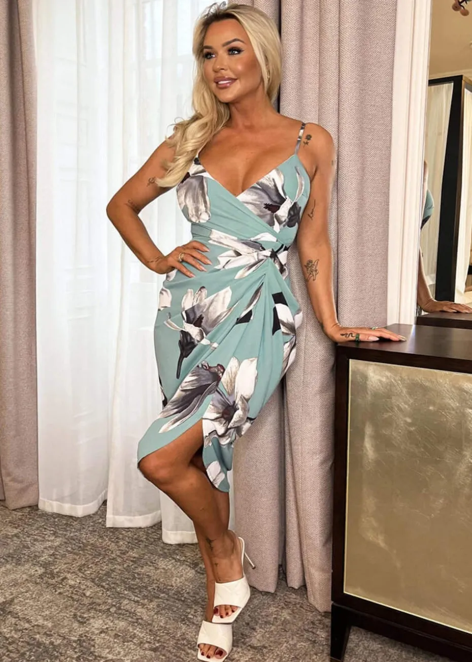 AX Paris Duck Egg Floral Print Strappy Wrap Top Gathered Skirt Midi Dress