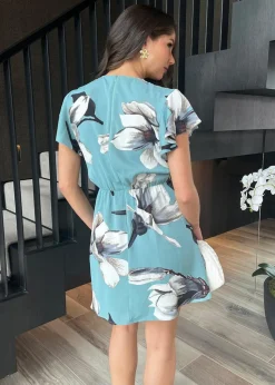 AX Paris Duck Egg Floral Print Flutter Sleeve Gathered Side Mini Dress