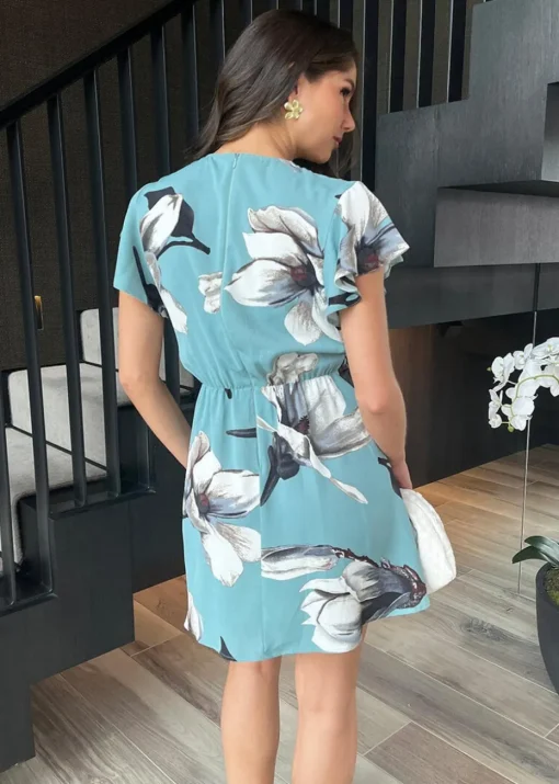 AX Paris Duck Egg Floral Print Flutter Sleeve Gathered Side Mini Dress