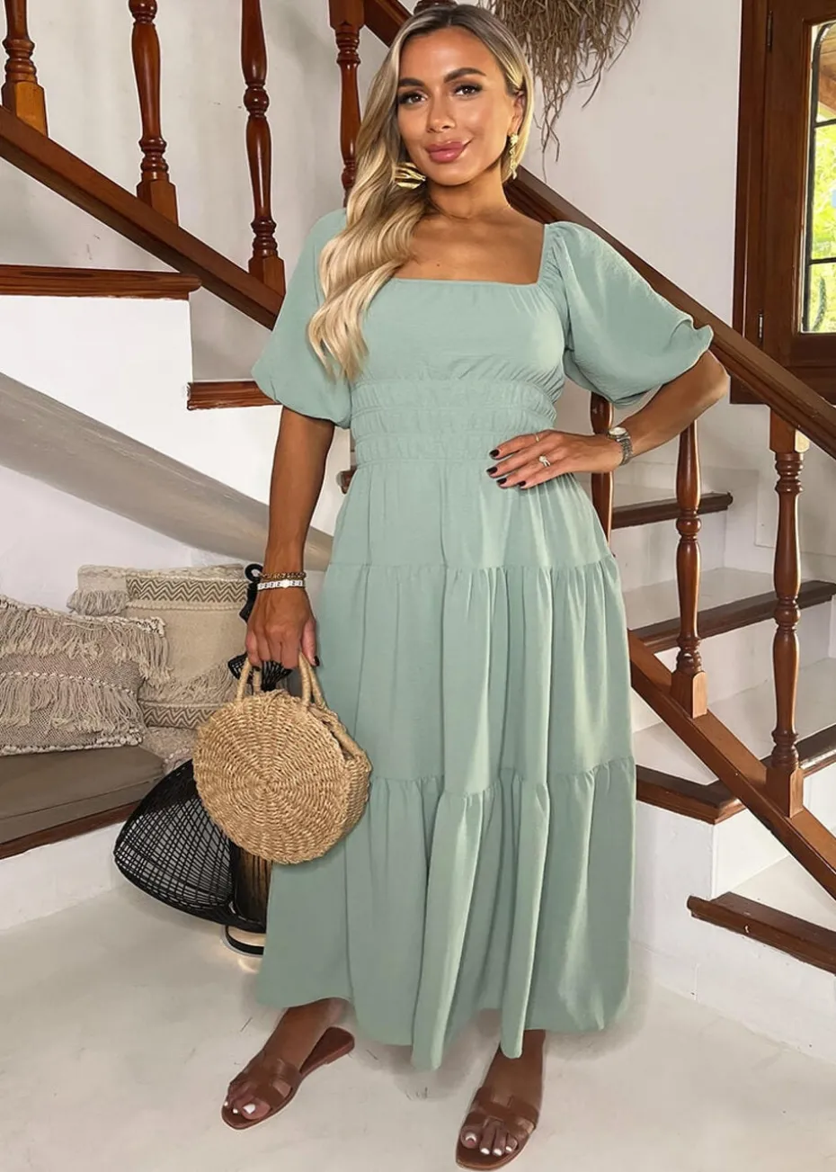 AX Paris Duck Egg Puff Sleeve Shirred Waist Smock Midi Dress