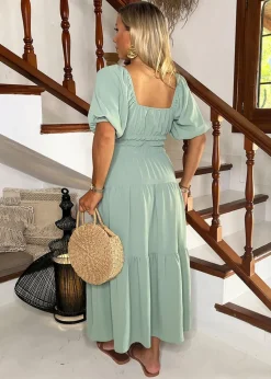 AX Paris Duck Egg Puff Sleeve Shirred Waist Smock Midi Dress