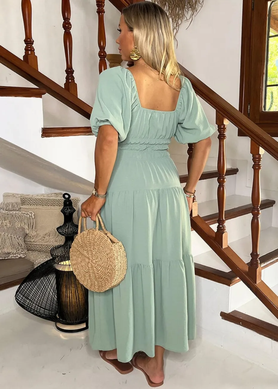 AX Paris Duck Egg Puff Sleeve Shirred Waist Smock Midi Dress