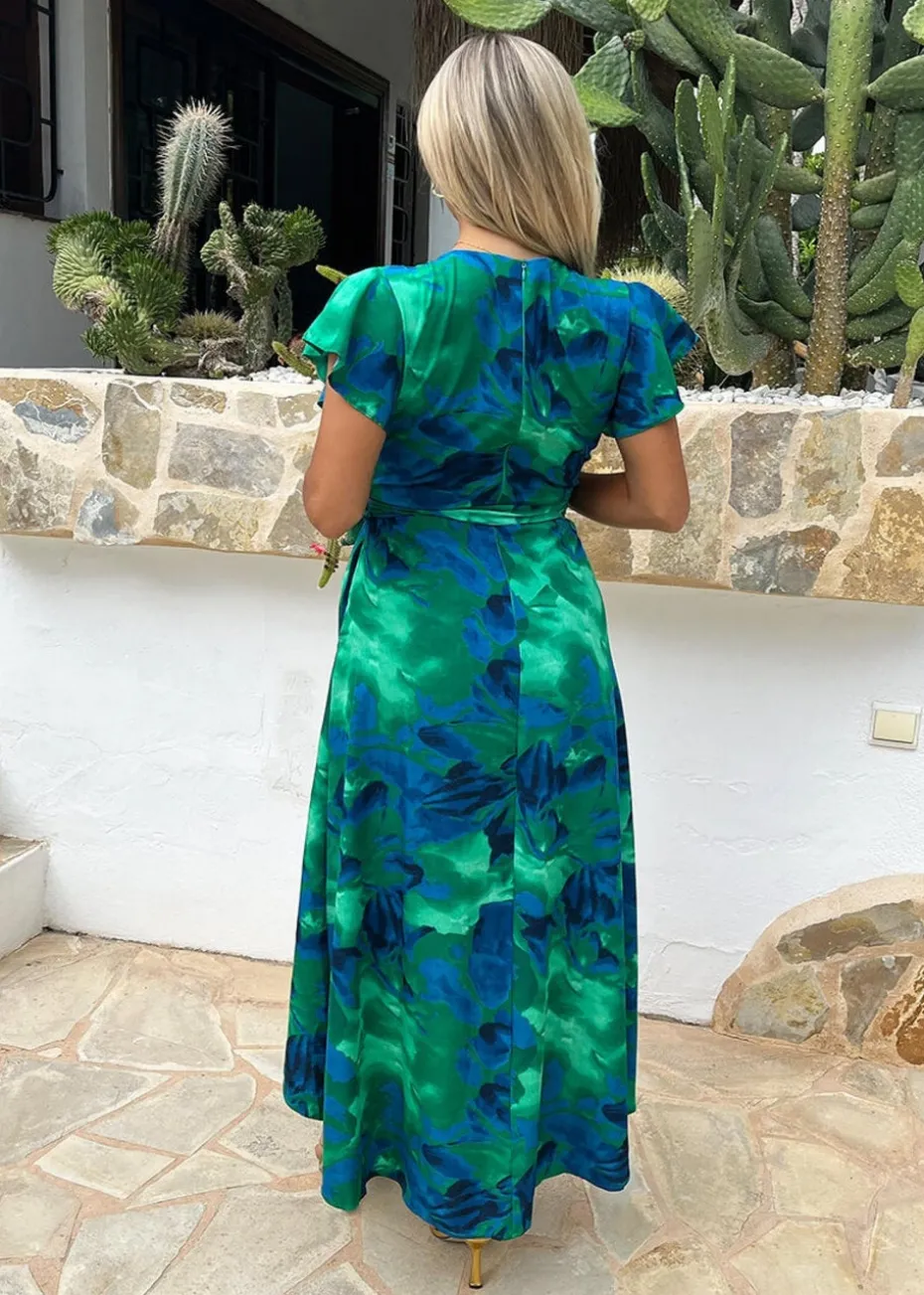 AX Paris Green Abstract Print Short Sleeve Belted Wrap Midi Dress