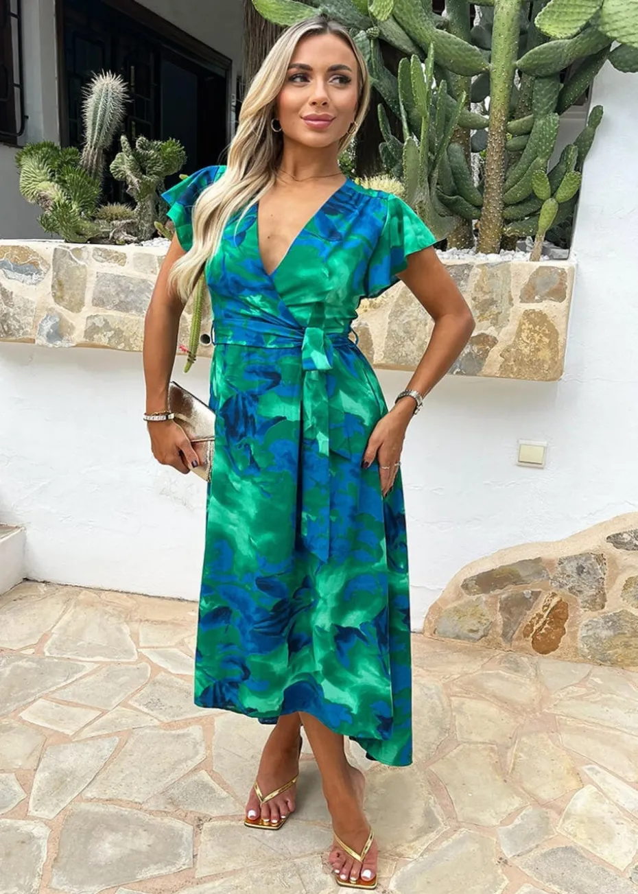 AX Paris Green Abstract Print Short Sleeve Belted Wrap Midi Dress