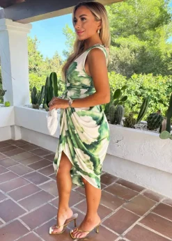 AX Paris Green Marble Print Wrap Top Gathered Skirt Midi Dress