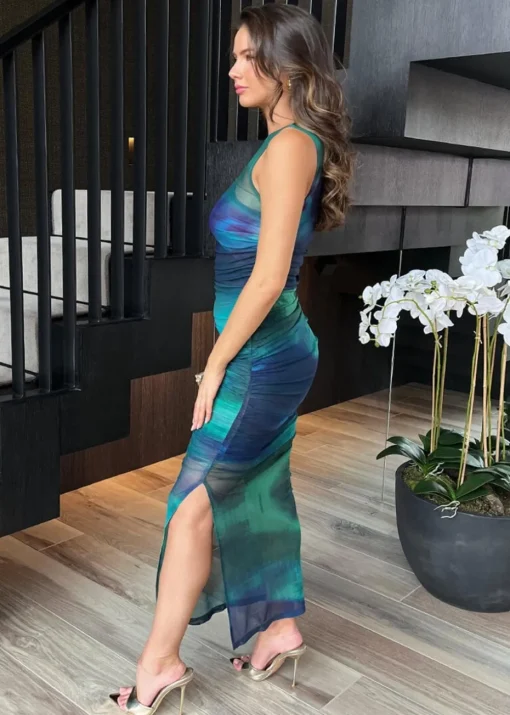 AX Paris Green Tie Dye Print Mesh Overlay Bodycon Midi Dress