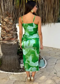AX Paris Green Tie Dye Print Ruched Side Strappy Midi Dress