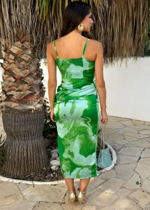 AX Paris Green Tie Dye Print Ruched Side Strappy Midi Dress
