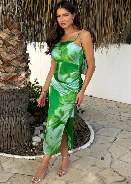 AX Paris Green Tie Dye Print Ruched Side Strappy Midi Dress