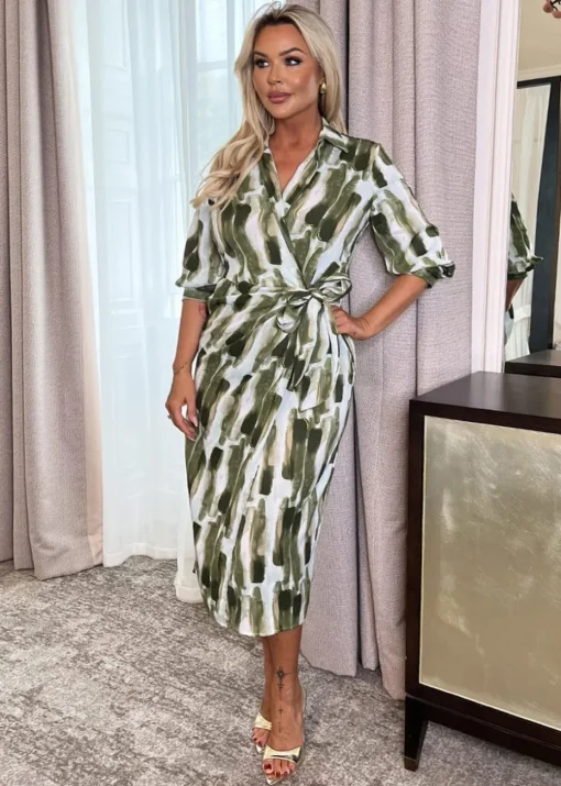 AX Paris Khaki Brush Stroke Print 3/4 Sleeve Tie Waist Wrap Shirt Midi Dress