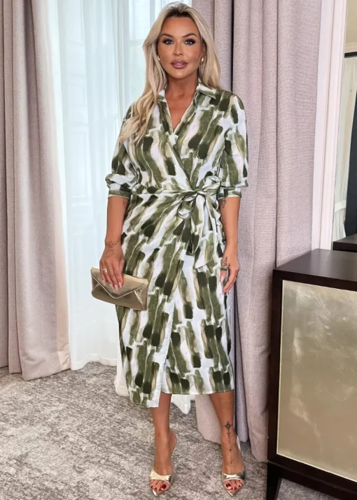 AX Paris Khaki Brush Stroke Print 3/4 Sleeve Tie Waist Wrap Shirt Midi Dress