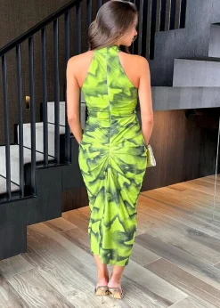 AX Paris Lime Tie Dye Print Halter Neck Knot Skirt Mesh Midi Dress