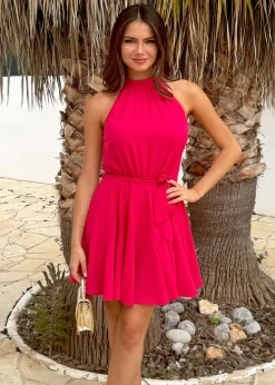 AX Paris Magenta Halterneck Tie Waist Skater Mini Dress