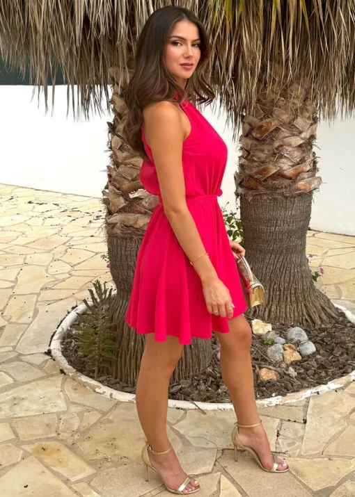 AX Paris Magenta Halterneck Tie Waist Skater Mini Dress