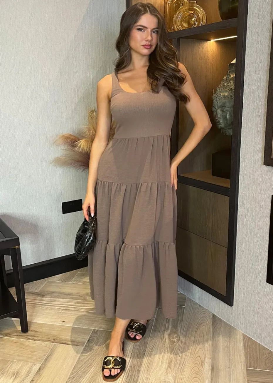 AX Paris Mocha Round Neck Ribbed Top Tiered Skirt Midi Dress