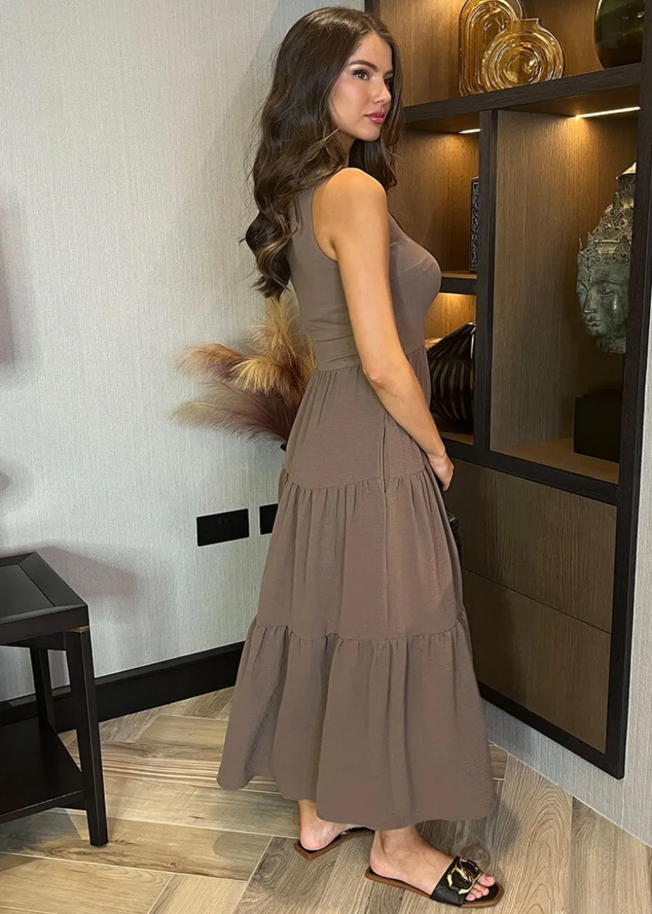 AX Paris Mocha Round Neck Ribbed Top Tiered Skirt Midi Dress