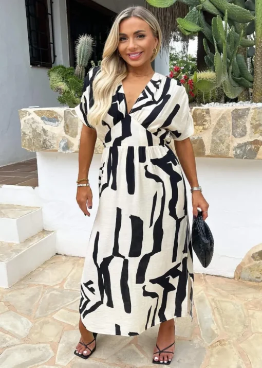 AX Paris Multi Abstract Print V Neck Batwing Midi Dress
