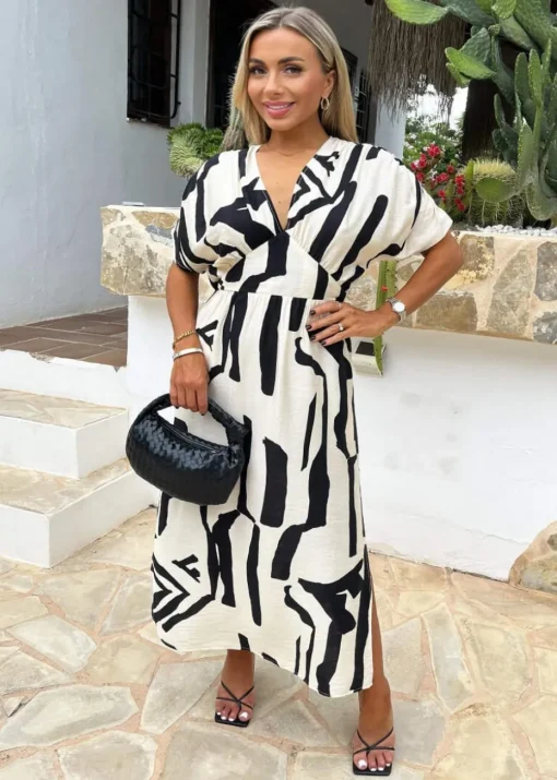 AX Paris Multi Abstract Print V Neck Batwing Midi Dress