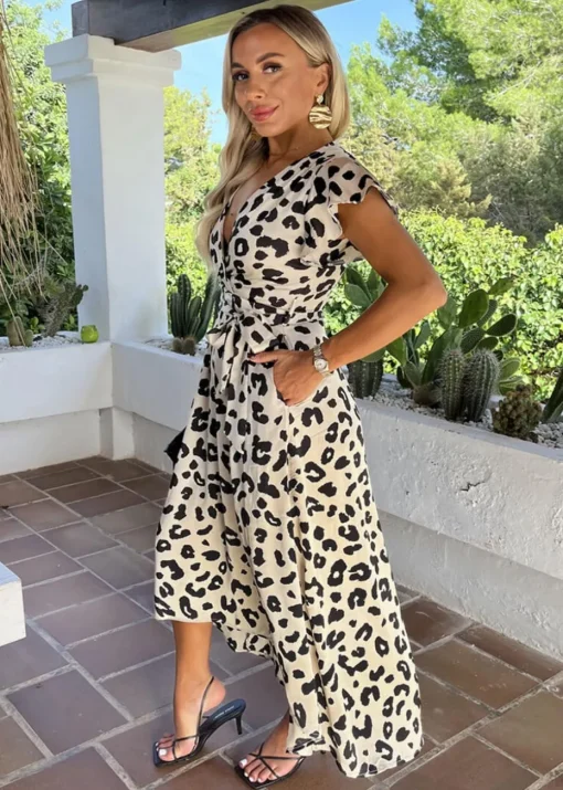 AX Paris Multi Black & Cream Leopard Print Short Sleeve Belted Wrap Midi Dress