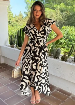 AX Paris Multi Black & White Abstract Print Short Sleeve Belted Wrap Midi Dress