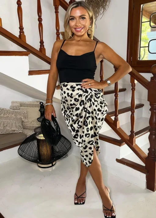 AX Paris Multi Black & Cream Leopard Print 2 In 1 Strappy Cowl Neck Gathered Midi Dress