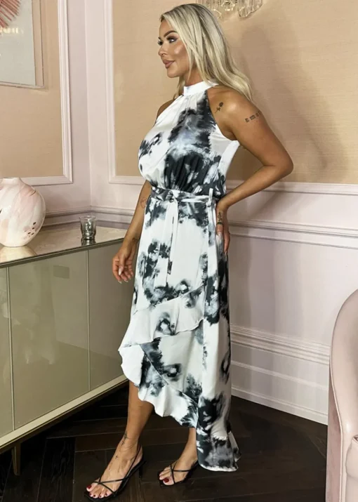 AX Paris Multi Black & White Marble Print Halter Neck Tie Waist Frill Hem Midi Dress