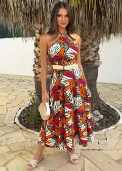 AX Paris Multi Butterfly Print Halterneck Straw Belt Tiered Midi Dress