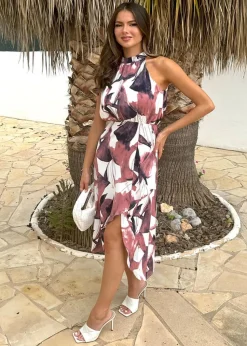 AX Paris Multi Floral Print Halter Neck High Low Hem Midi Dress