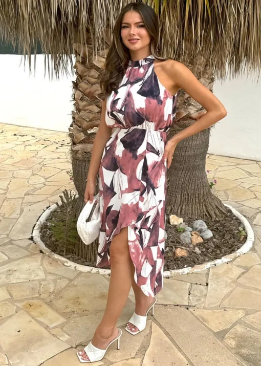AX Paris Multi Floral Print Halter Neck High Low Hem Midi Dress