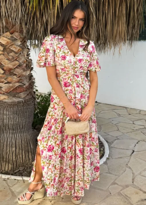 AX Paris Multi Garden Print V Neck Cut Out Knot Detail Midi Dress