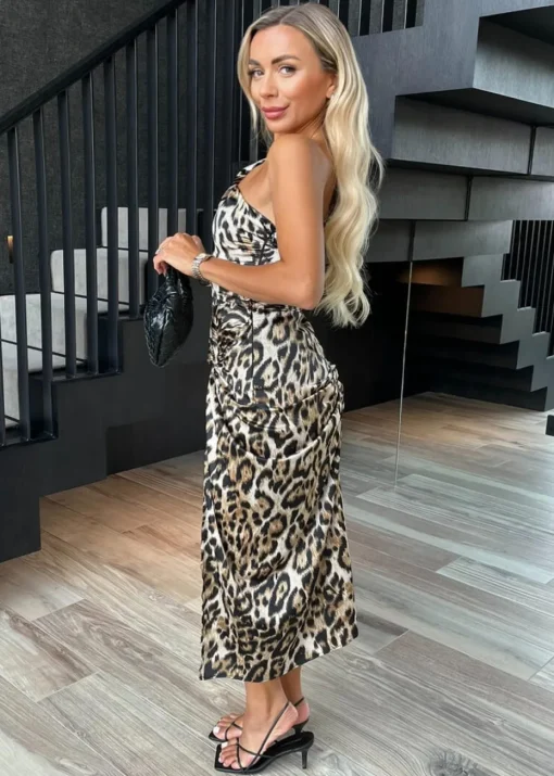 AX Paris Multi Leopard Print One Shoulder Knot Skirt Satin Midi Dress