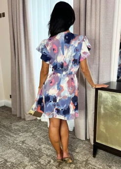 AX Paris Multi Smudge Print Flutter Sleeve Gathered Side Mini Dress