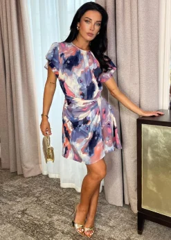 AX Paris Multi Smudge Print Flutter Sleeve Gathered Side Mini Dress