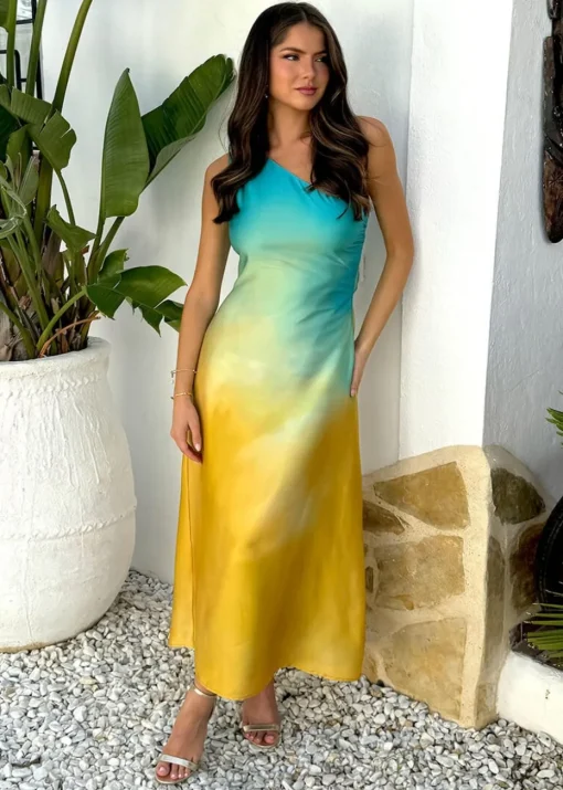 AX Paris Multi Sunset Ombre One Shoulder Open Back Twist Detail Midi Dress