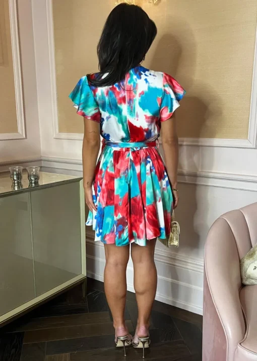AX Paris Multi Tie Dye Printed Wrap Top Tie Waist Skater Mini Dress