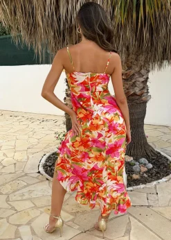AX Paris Multi Tropical Print Strappy High Low Frill Hem Midi Dress