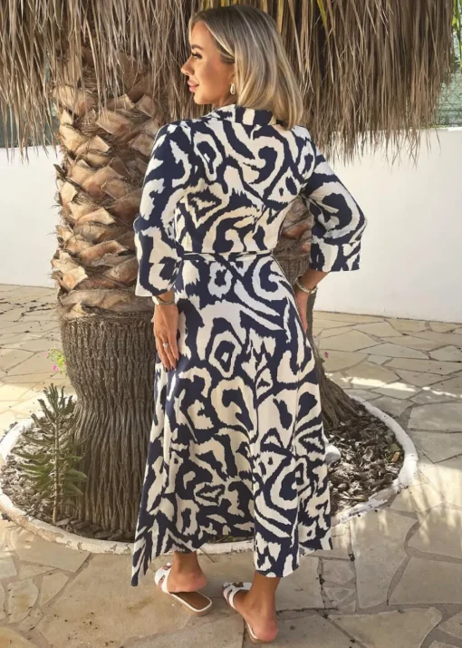 AX Paris Navy & Cream Abstract Print 3/4 Sleeve Tie Waist Shirt Midi Dress